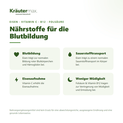 Blutbildung Eisen mit Vitamin C Kapseln – Eisen, Vitamin C, B12 und Folsäure für Blutbildung, Sauerstofftransport und Eisenaufnahme | Kräutermax