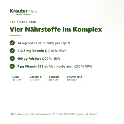 Blutbildung Eisen mit Vitamin C Kapseln – 14 mg Eisen, 112,5 mg Vitamin C, 400 µg Folsäure und 5 µg Vitamin B12 pro Kapsel | Kräutermax