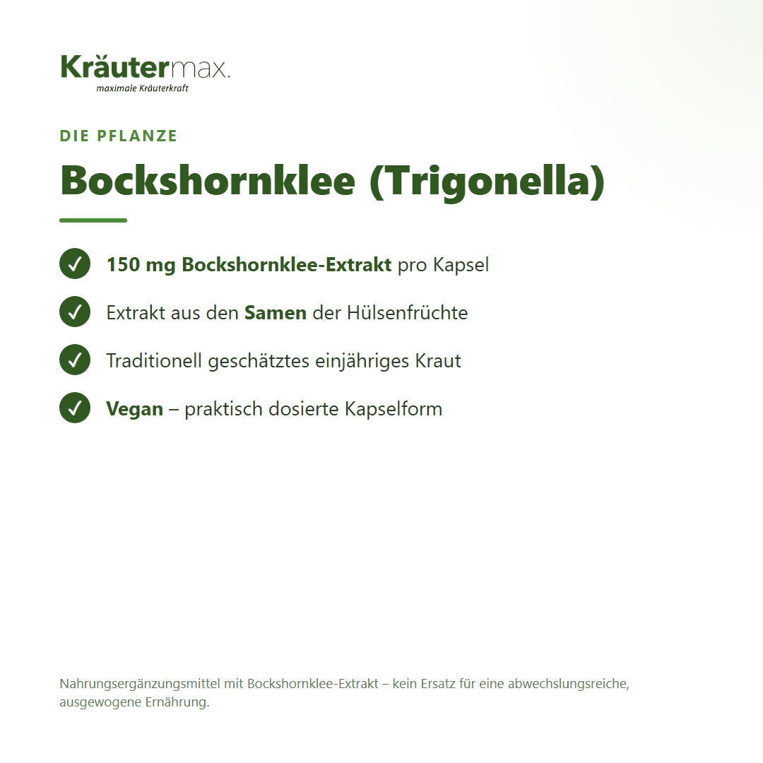 Bockshornklee Kapseln – 150 mg Bockshornklee-Extrakt aus den Samen, vegan | Kräutermax
