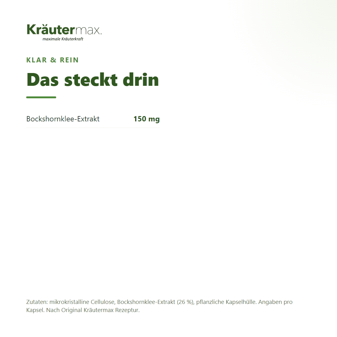Bockshornklee Kapseln – Zusammensetzung: 150 mg Bockshornklee-Extrakt pro Kapsel, klar und rein | Kräutermax