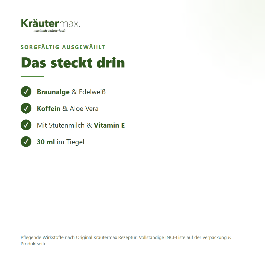 Braunalge Augencreme – Inhaltsstoffe: Braunalge, Edelweiß, Koffein, Aloe Vera, Vitamin E, 30 ml Tiegel
