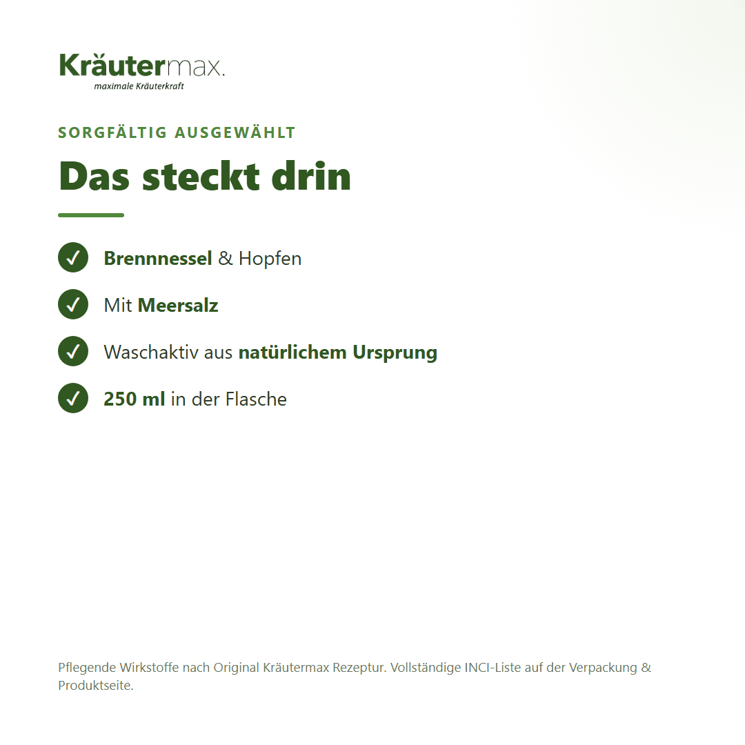 Brennnessel Shampoo – Inhaltsstoffe: Brennnessel, Hopfen, Meersalz, 250 ml Flasche
