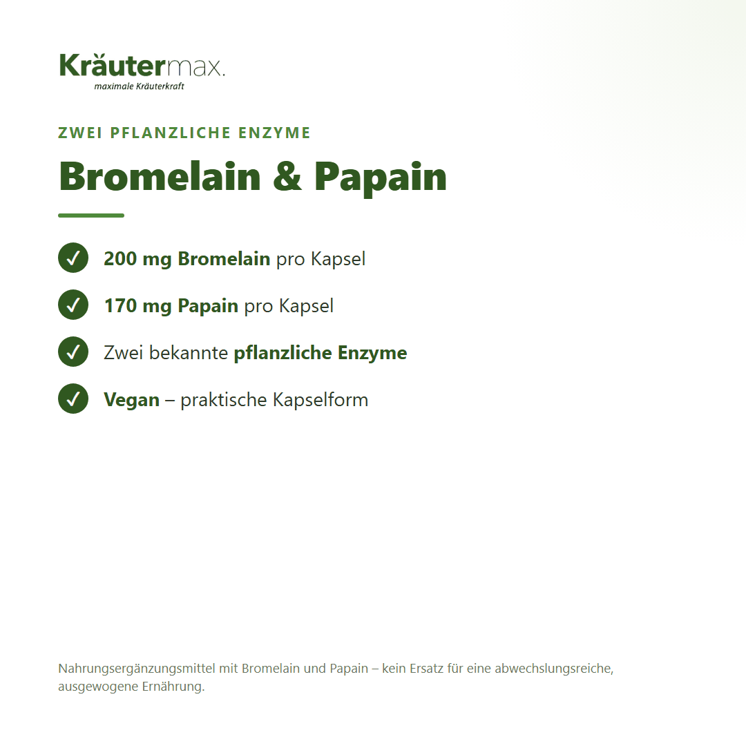 Bromelain und Papain Kapseln – 200 mg Bromelain und 170 mg Papain, zwei pflanzliche Enzyme, vegan | Kräutermax