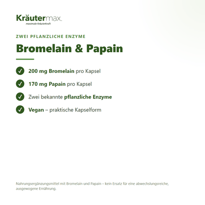 Bromelain und Papain Kapseln – 200 mg Bromelain und 170 mg Papain, zwei pflanzliche Enzyme, vegan | Kräutermax