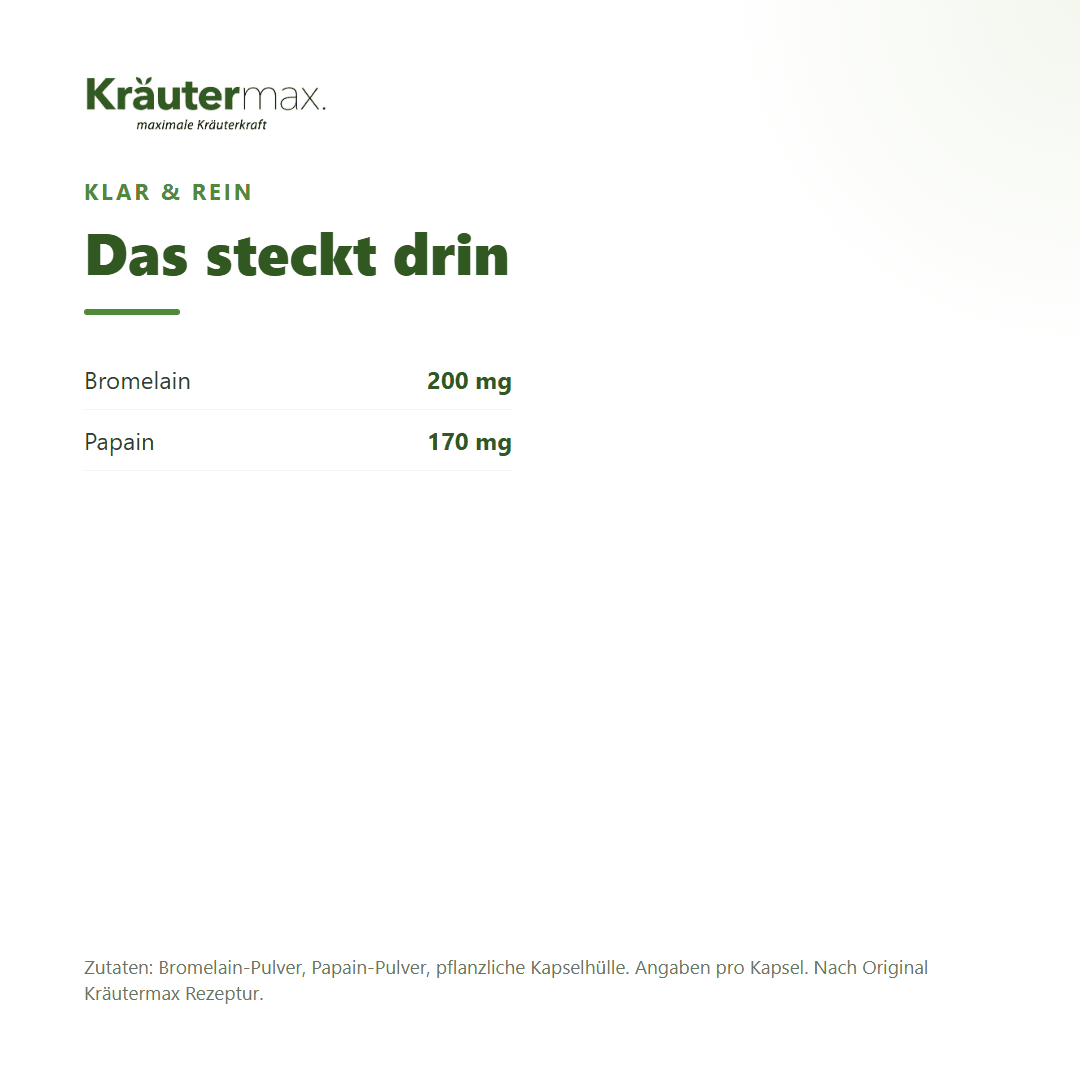 Bromelain und Papain Kapseln – Zusammensetzung: 200 mg Bromelain und 170 mg Papain pro Kapsel | Kräutermax