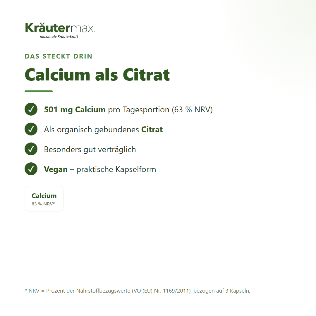 Calcium Citrat Kapseln – 501 mg Calcium (63 % NRV) als organisch gebundenes Citrat pro Tagesportion | Kräutermax