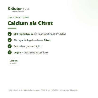 Calcium Citrat Kapseln – 501 mg Calcium (63 % NRV) als organisch gebundenes Citrat pro Tagesportion | Kräutermax