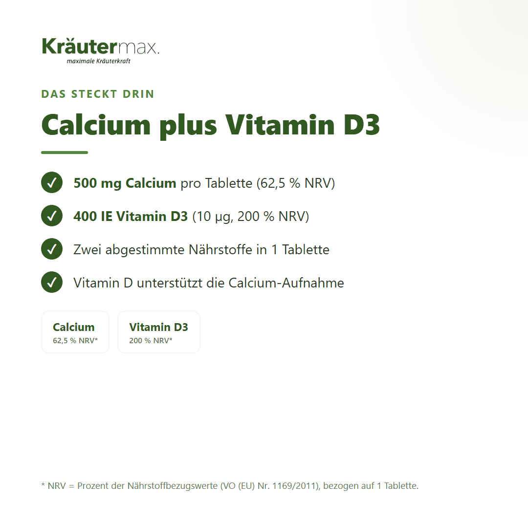 Calcium mit Vitamin D3 Tabletten – 500 mg Calcium (62,5 % NRV) und 400 IE Vitamin D3 (200 % NRV) je Tablette | Kräutermax