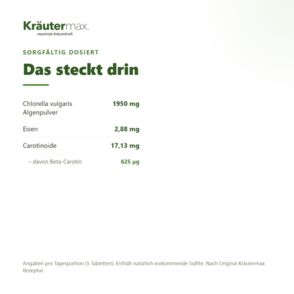 Chlorella Tabletten – 1950 mg Chlorella vulgaris Algenpulver, 2,88 mg Eisen und Carotinoide pro Tagesportion | Kräutermax