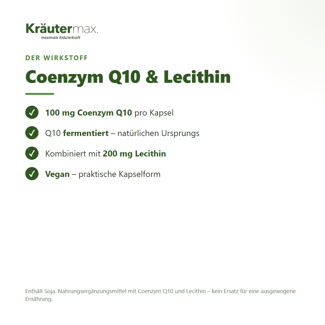 Coenzym Q10 100 mg+ Kapseln – 100 mg fermentiertes Coenzym Q10 mit 200 mg Lecithin, vegan | Kräutermax