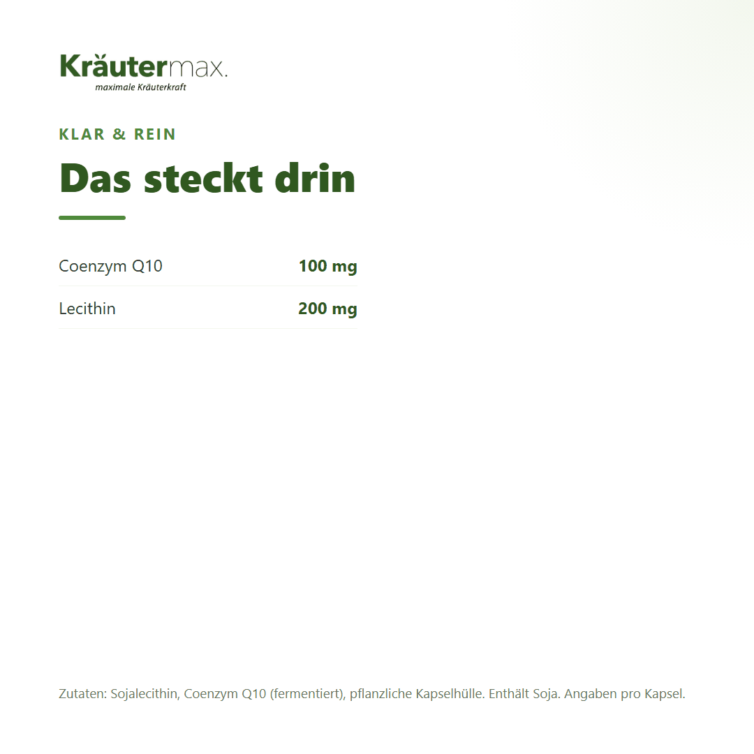 Coenzym Q10 100 mg+ Kapseln – Zusammensetzung: 100 mg Coenzym Q10 und 200 mg Lecithin pro Kapsel | Kräutermax