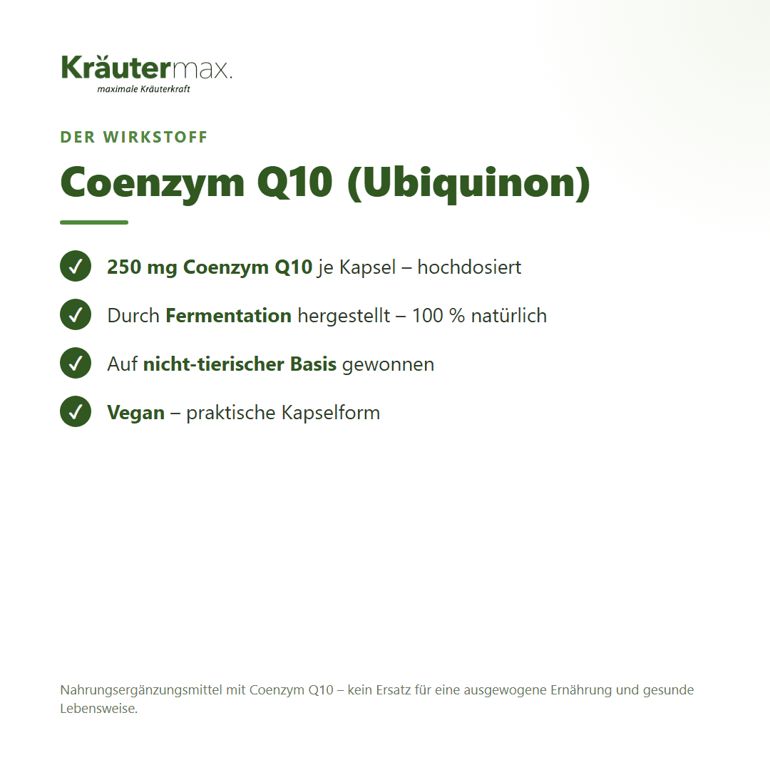 Coenzym Q10 250 mg Kapseln – 250 mg fermentiertes Coenzym Q10 (Ubiquinon), hochdosiert und vegan | Kräutermax