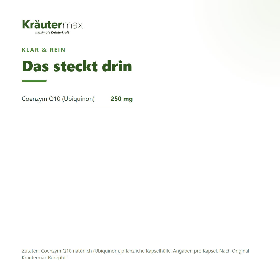 Coenzym Q10 250 mg Kapseln – Zusammensetzung: 250 mg Coenzym Q10 (Ubiquinon) pro Kapsel | Kräutermax