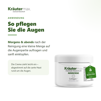 Collagen Augencreme – Anwendung: morgens und abends kleine Menge auf die Augenpartie einklopfen