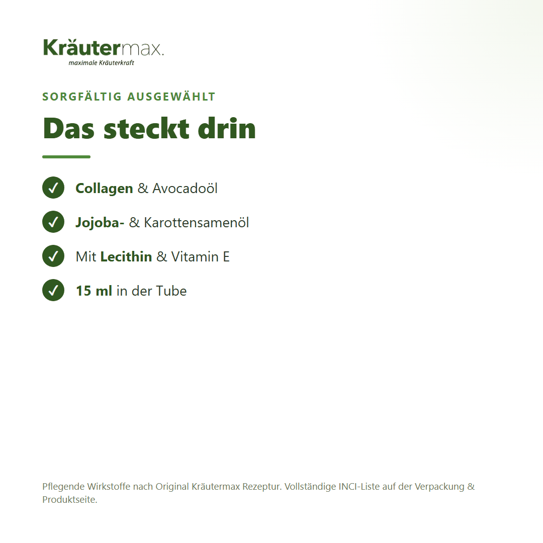Collagen Augencreme – Inhaltsstoffe: Collagen, Avocado-, Jojoba-, Karottensamenöl, Vitamin E, 15 ml Tube