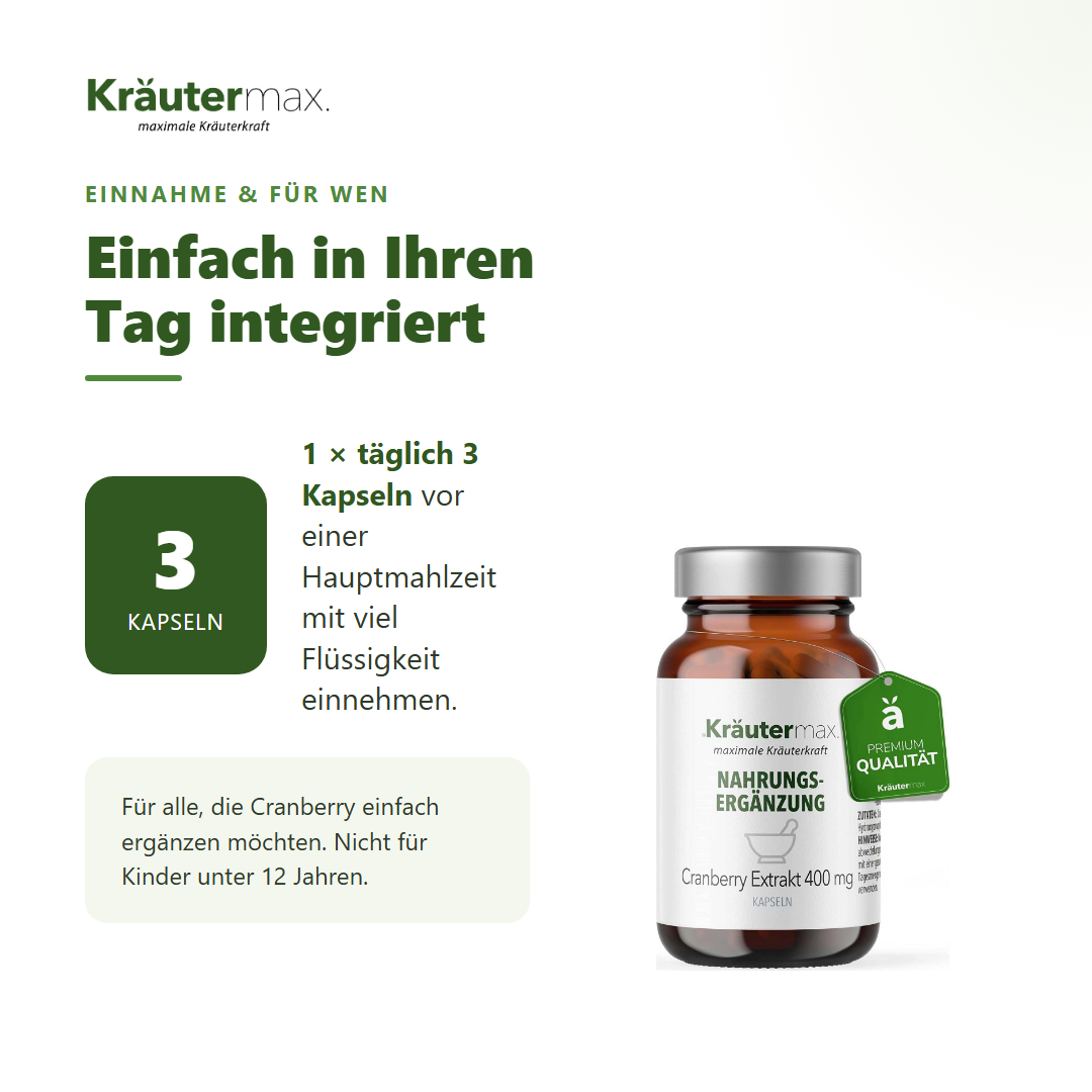 Cranberry Extrakt Kapseln – Einnahme: 3 Kapseln täglich vor einer Hauptmahlzeit | Kräutermax
