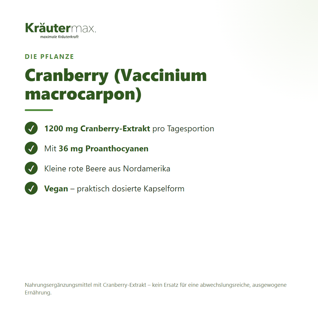 Cranberry Extrakt Kapseln – 1200 mg Cranberry-Extrakt mit 36 mg Proanthocyanen, vegan | Kräutermax