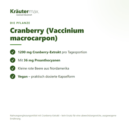 Cranberry Extrakt Kapseln – 1200 mg Cranberry-Extrakt mit 36 mg Proanthocyanen, vegan | Kräutermax