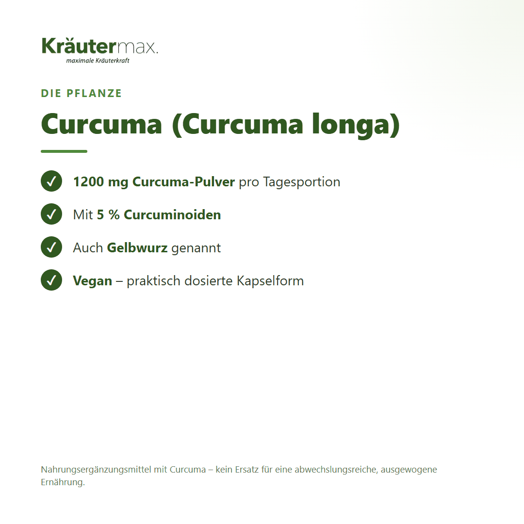 Curcuma 1200 mg Kapseln – Curcuma longa mit 5 % Curcuminoiden, hochdosiert und vegan | Kräutermax