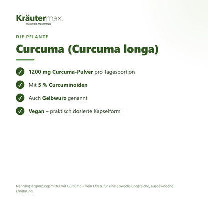 Curcuma 1200 mg Kapseln – Curcuma longa mit 5 % Curcuminoiden, hochdosiert und vegan | Kräutermax