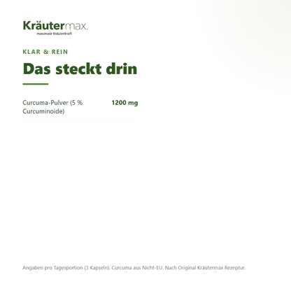 Curcuma 1200 mg Kapseln – Zusammensetzung: 1200 mg Curcuma-Pulver mit 5 % Curcuminoiden pro Tagesportion | Kräutermax