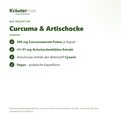 Curcuma plus Kapseln – 300 mg Curcumawurzel-Pulver mit Artischockenblätter-Extrakt und Cynarin, vegan | Kräutermax