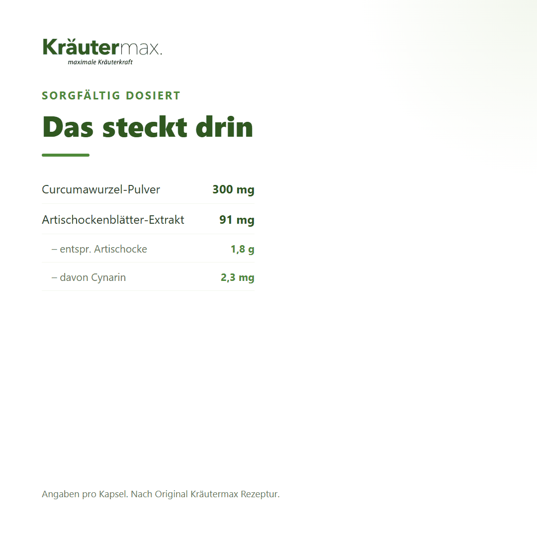 Curcuma plus Kapseln – Zusammensetzung: 300 mg Curcumawurzel-Pulver und 91 mg Artischockenblätter-Extrakt pro Kapsel | Kräutermax
