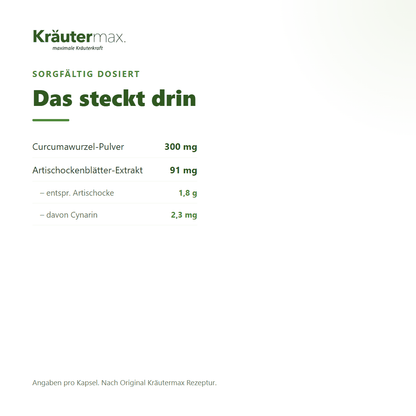 Curcuma plus Kapseln – Zusammensetzung: 300 mg Curcumawurzel-Pulver und 91 mg Artischockenblätter-Extrakt pro Kapsel | Kräutermax