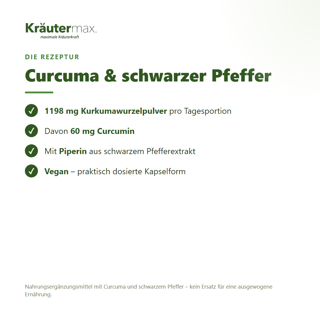 Curcuma mit Pfeffer Kapseln – 1198 mg Kurkumawurzelpulver mit 60 mg Curcumin und Piperin aus schwarzem Pfeffer, vegan | Kräutermax