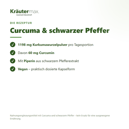 Curcuma mit Pfeffer Kapseln – 1198 mg Kurkumawurzelpulver mit 60 mg Curcumin und Piperin aus schwarzem Pfeffer, vegan | Kräutermax
