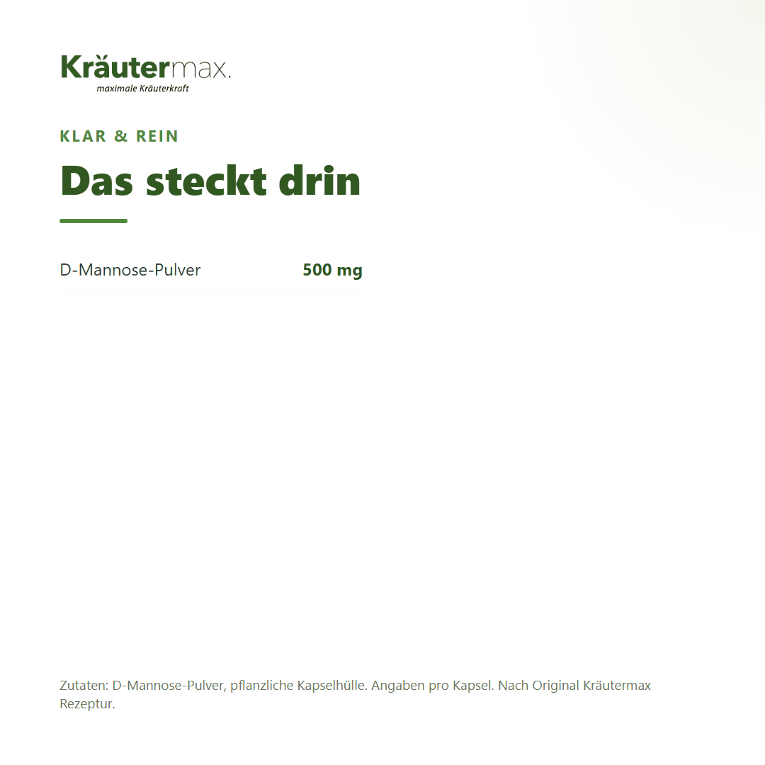 D-Mannose Kapseln – Zusammensetzung: 500 mg D-Mannose-Pulver pro Kapsel | Kräutermax