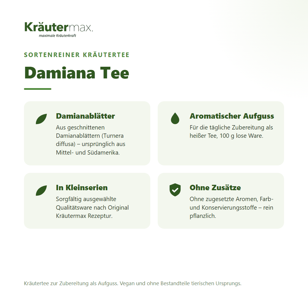 Damiana Tee von Kräutermax – sortenreiner Kräutertee aus geschnittenen Damianablättern (Turnera diffusa), 100 g