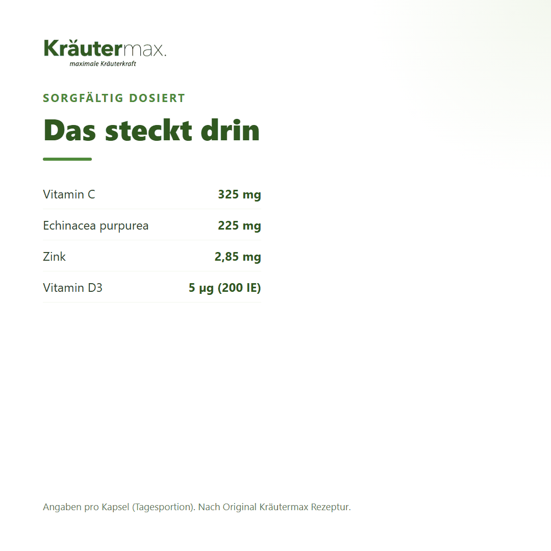 Echinacea & Immun Komplex+ Kapseln – 325 mg Vitamin C, 225 mg Echinacea, 2,85 mg Zink und 5 µg Vitamin D3 pro Kapsel | Kräutermax