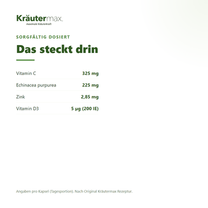Echinacea & Immun Komplex+ Kapseln – 325 mg Vitamin C, 225 mg Echinacea, 2,85 mg Zink und 5 µg Vitamin D3 pro Kapsel | Kräutermax