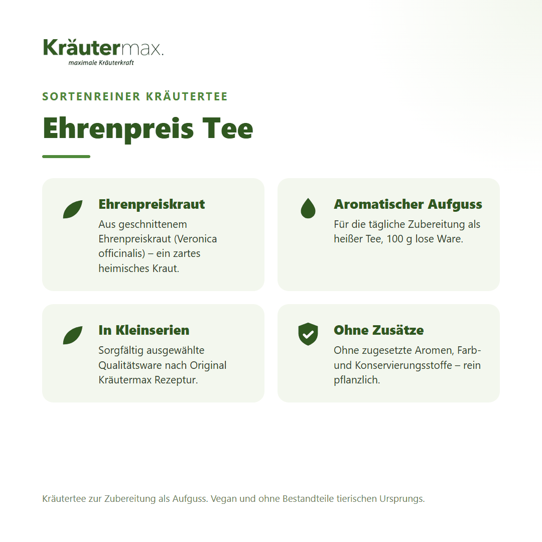 Ehrenpreis Tee von Kräutermax – sortenreiner Kräutertee aus geschnittenem Ehrenpreiskraut (Veronica officinalis), 100 g