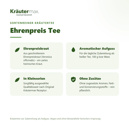 Ehrenpreis Tee von Kräutermax – sortenreiner Kräutertee aus geschnittenem Ehrenpreiskraut (Veronica officinalis), 100 g