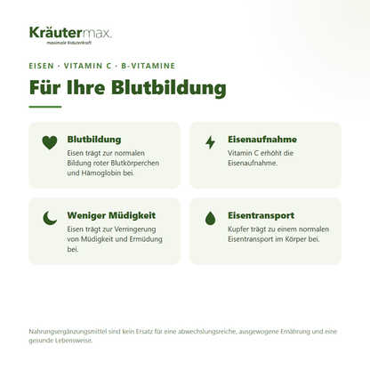 Eisen 30 mg mit Vitamin C Kapseln – für Blutbildung, Eisenaufnahme, weniger Müdigkeit und Eisentransport | Kräutermax