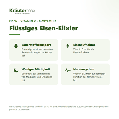 Eisen Saft – flüssiges Eisen-Elixier mit Vitamin C und B-Vitaminen für Sauerstofftransport und weniger Müdigkeit | Kräutermax