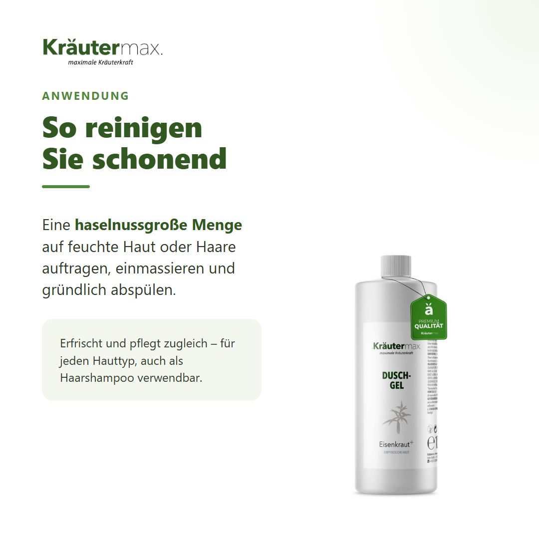 Eisenkraut Duschgel – Anwendung: haselnussgroße Menge auf feuchte Haut oder Haare, einmassieren, abspülen