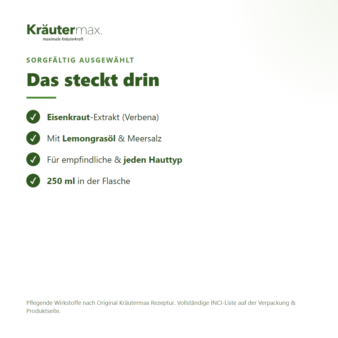 Eisenkraut Duschgel – Inhaltsstoffe: Eisenkraut-Extrakt, Lemongrasöl, Meersalz, 250 ml Flasche