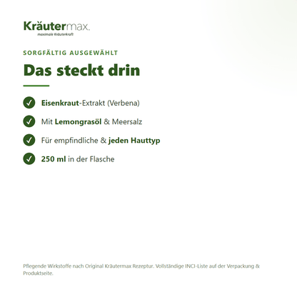 Eisenkraut Duschgel – Inhaltsstoffe: Eisenkraut-Extrakt, Lemongrasöl, Meersalz, 250 ml Flasche