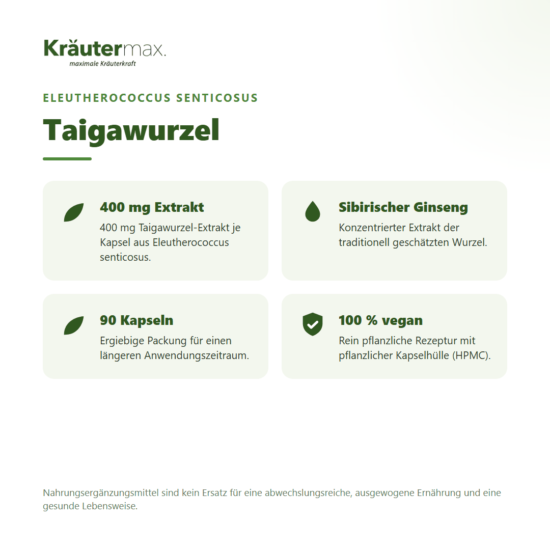 Taigawurzel Eleutherococcus Kapseln – 400 mg Taigawurzel-Extrakt je Kapsel aus Eleutherococcus senticosus (sibirischer Ginseng), 100 % vegan