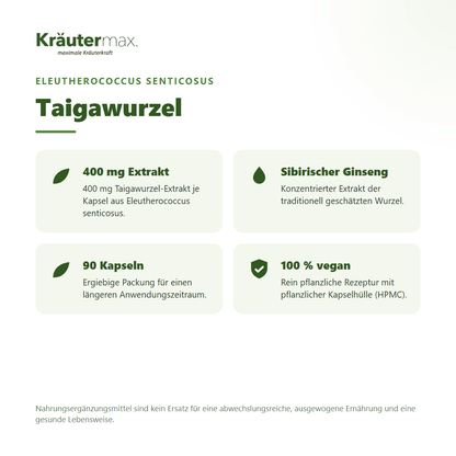 Taigawurzel Eleutherococcus Kapseln – 400 mg Taigawurzel-Extrakt je Kapsel aus Eleutherococcus senticosus (sibirischer Ginseng), 100 % vegan