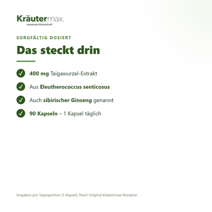 Taigawurzel Eleutherococcus Kapseln – Inhaltsstoffe pro Tagesportion: 400 mg Taigawurzel-Extrakt aus Eleutherococcus senticosus