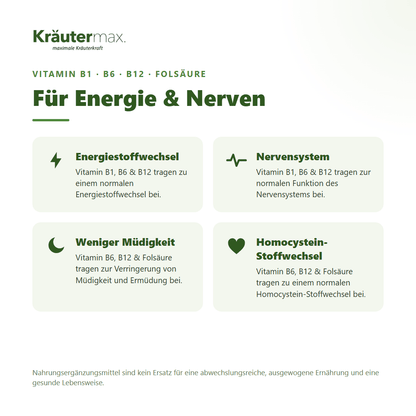 Energie Kapseln – B-Vitamine für Energiestoffwechsel, Nervensystem, weniger Müdigkeit und Homocystein-Stoffwechsel | Kräutermax