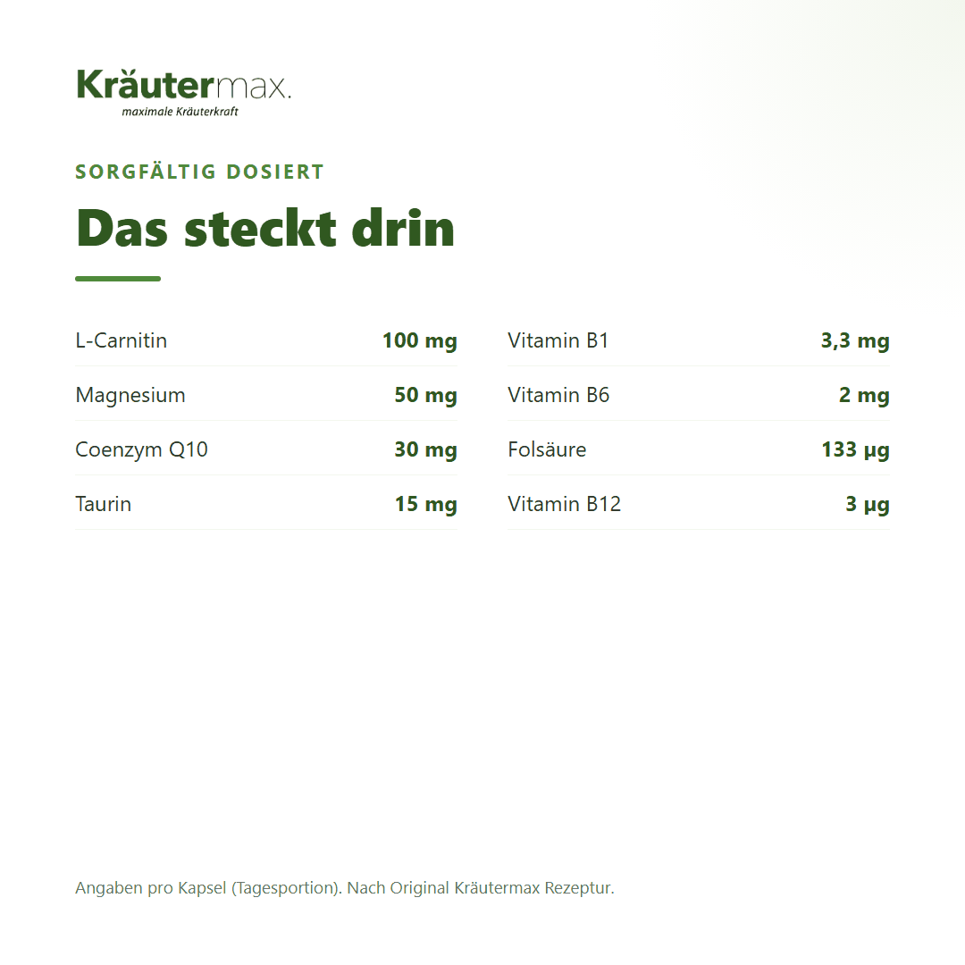 Energie Kapseln – L-Carnitin, Magnesium, Coenzym Q10, Taurin und B-Vitamine pro Kapsel | Kräutermax
