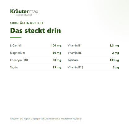 Energie Kapseln – L-Carnitin, Magnesium, Coenzym Q10, Taurin und B-Vitamine pro Kapsel | Kräutermax