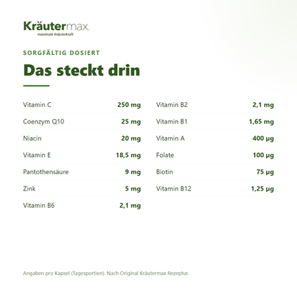 Energy & Vital Komplex+ Kapseln – 250 mg Vitamin C, Coenzym Q10, Zink und B-Vitamine pro Kapsel | Kräutermax