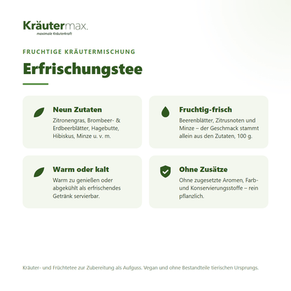 Erfrischungstee von Kräutermax – fruchtige Kräutermischung mit Zitronengras, Beerenblättern, Hagebutte, Hibiskus und Minze, 100 g
