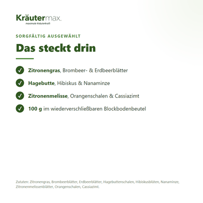 Zutaten des Erfrischungstees: Zitronengras, Brombeer- und Erdbeerblätter, Hagebutte, Hibiskus, Nanaminze, Zitronenmelisse, Orangenschalen, Cassiazimt